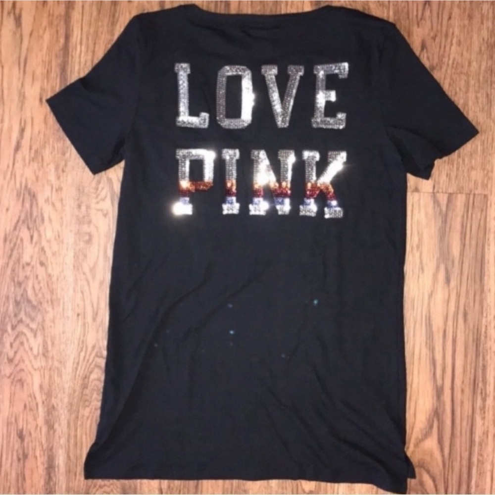 VS PINK Black Sequin Bling V-neck Tee